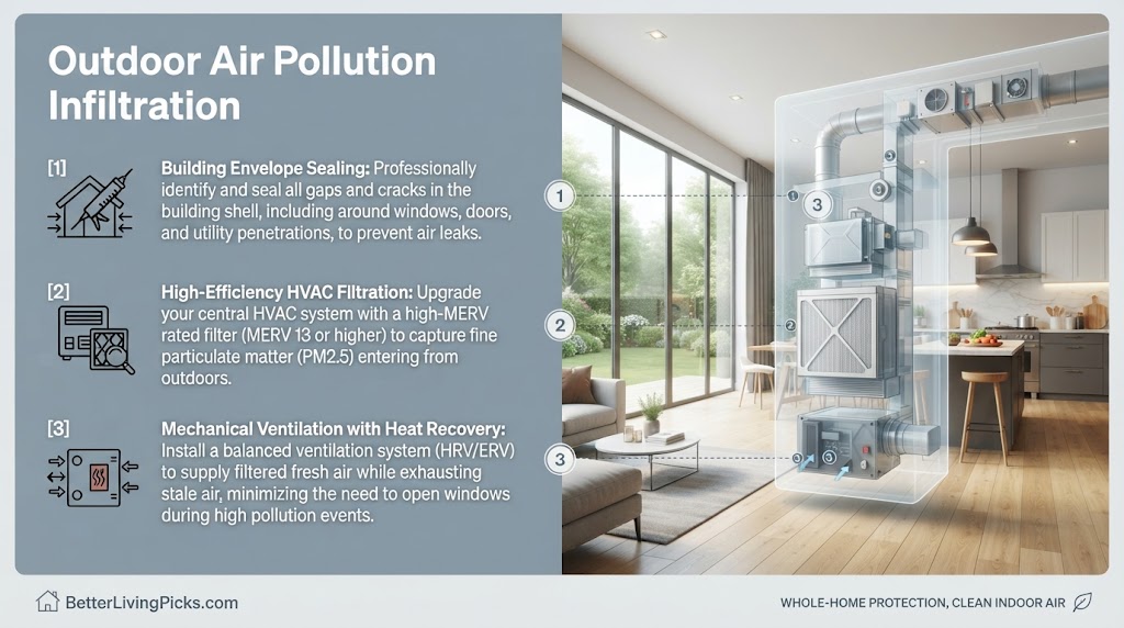 Split-screen infographic illustrating three methods to prevent outdoor air pollution infiltration: building sealing, high-efficiency HVAC filters, and ERV/HRV systems, with a corresponding modern home interior.