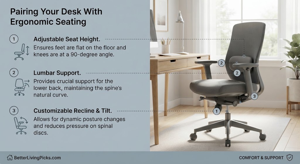 A split-panel infographic showing a minimalist desk and a corresponding diagram, with three numbered features (surface, storage, cable management) linked by dotted lines.