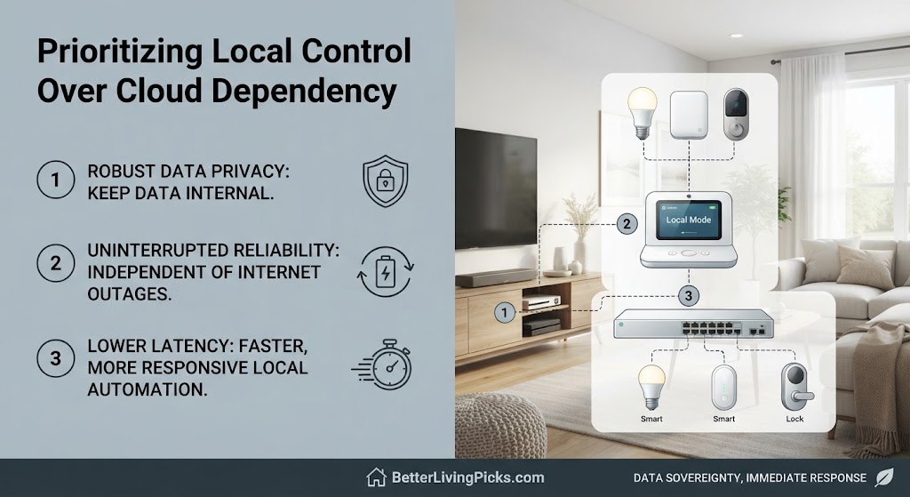 A split-screen infographic comparing benefits of local control vs. cloud dependency in a modern living room setting.