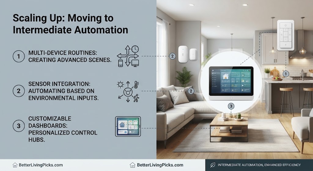 Split-panel infographic comparing intermediate smart home automation benefits against a modern open-plan home background.