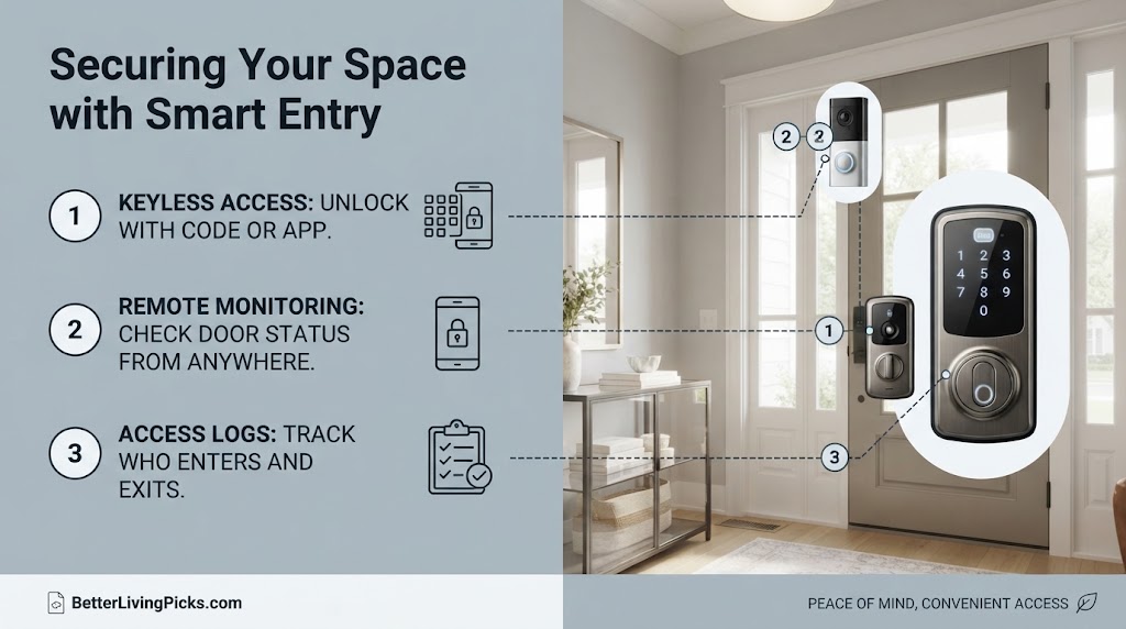 Split-panel infographic showcasing smart entry benefits against a modern entryway background.