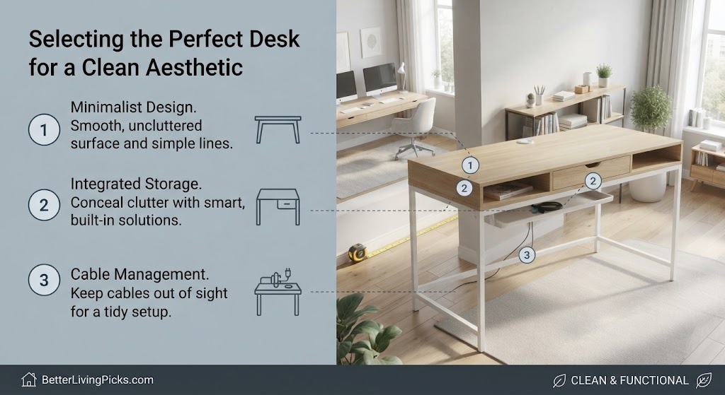 A split-panel infographic showing a minimalist desk and a corresponding diagram, with three numbered features (surface, storage, cable management) linked by dotted lines.