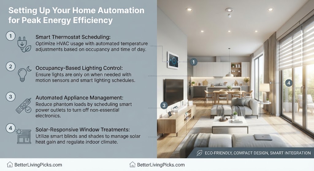 Split-panel infographic comparing home automation points with a modern interior scene.