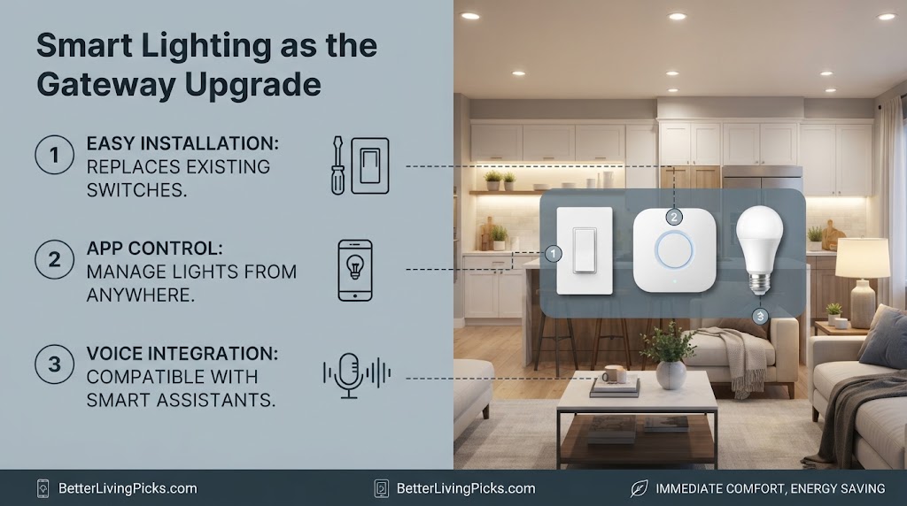 Split-screen infographic comparing smart lighting benefits against a modern kitchen and living room background.