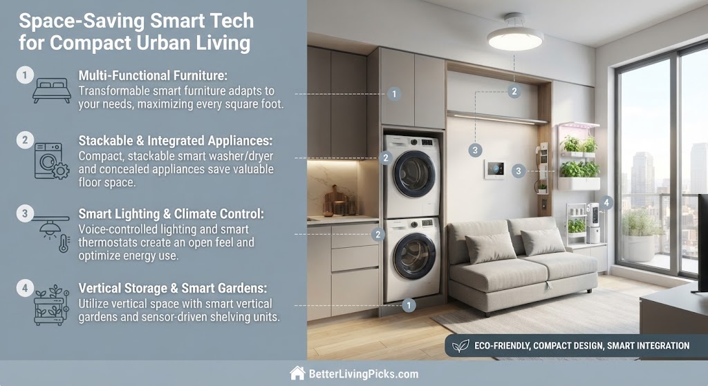 Split-panel infographic comparing urban living tech solutions against a modern apartment scene.