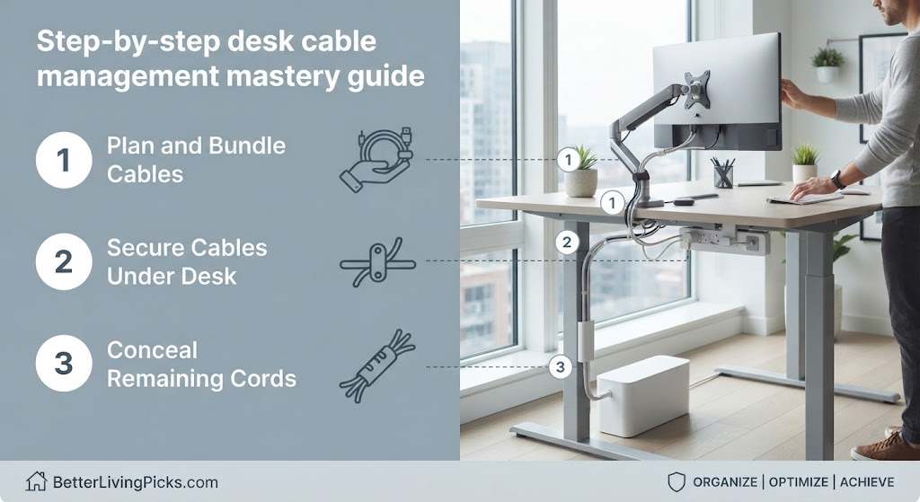 Split-screen infographic showing desk cable management steps on the left and a standing desk setup on the right.