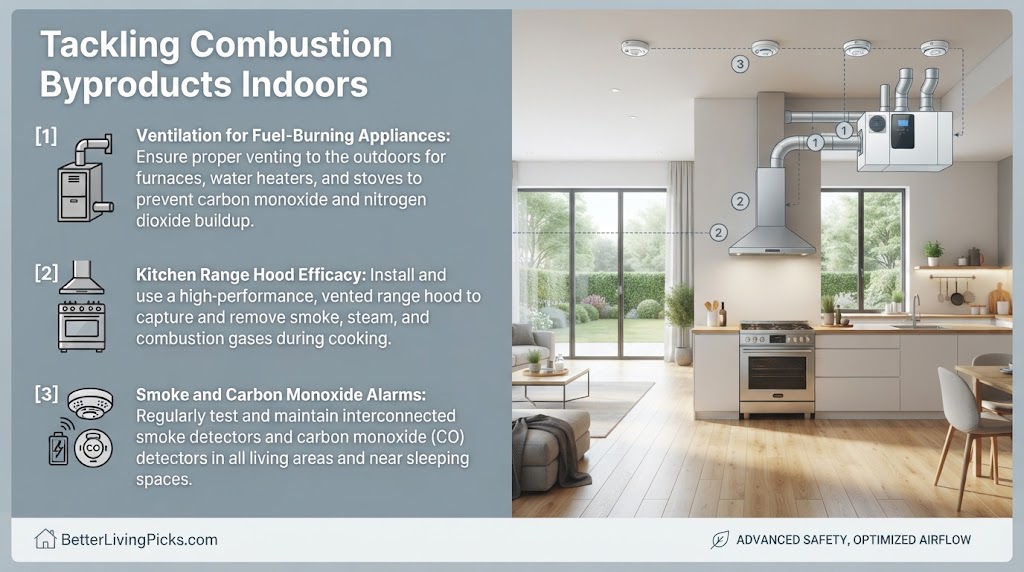Split-screen infographic illustrating three methods to manage indoor combustion byproducts: ventilation, range hoods, and alarms, paired with a modern home interior.
