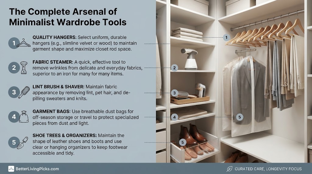 Split-screen infographic detailing 'The Complete Arsenal of Minimalist Wardrobe Tools' with five numbered points and corresponding items in a curated closet.