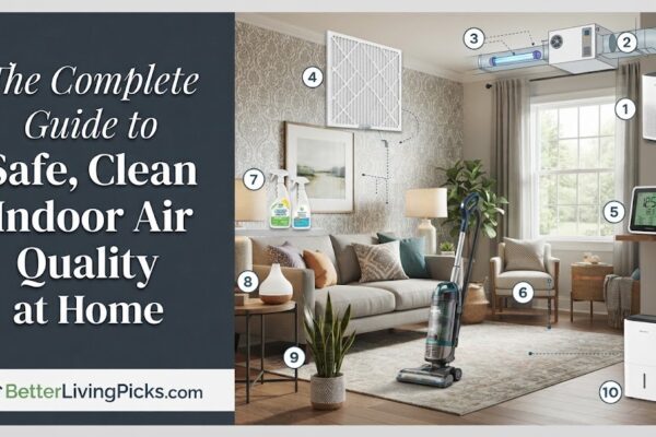 Infographic split-screen showing a modern living room with ten numbered air quality improvement products and a text panel on the left.