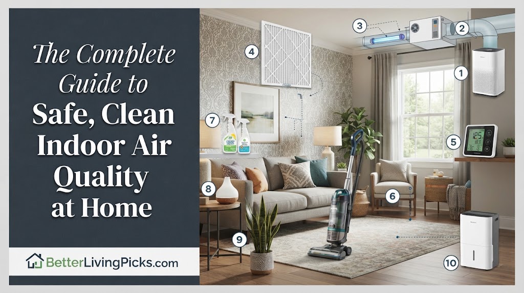 Infographic split-screen showing a modern living room with ten numbered air quality improvement products and a text panel on the left.