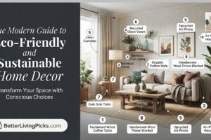 A professional infographic split-screen; left features the title 'The Modern Guide to Eco-Friendly and Sustainable Home Decor' and 'BetterLivingPicks.com' logo; right shows a modern living room interior annotated with numbered callouts for 10 sustainable products.