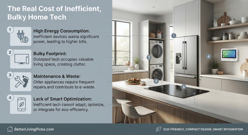 Infographic split-screen comparing inefficient home tech problems with modern kitchen solutions.