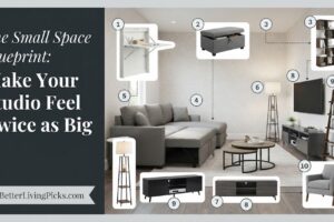 Modern living room featuring a split-screen infographic layout with a charcoal title panel and ten numbered product callouts.