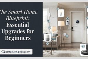 Split-screen infographic showing article title on left and numbered smart home devices in a modern living room on right.