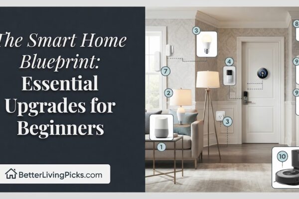 Split-screen infographic showing article title on left and numbered smart home devices in a modern living room on right.