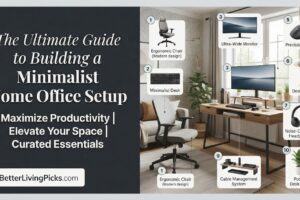 A modern living room featuring a well-lit, minimalist home office setup with ten specific ergonomic and tech products labeled.