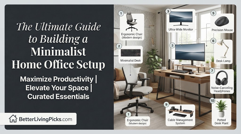 A modern living room featuring a well-lit, minimalist home office setup with ten specific ergonomic and tech products labeled.