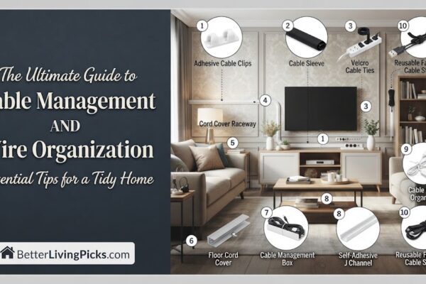 Split infographic showing a modern living room on the right with numbered cable management solutions and a text panel on the left.