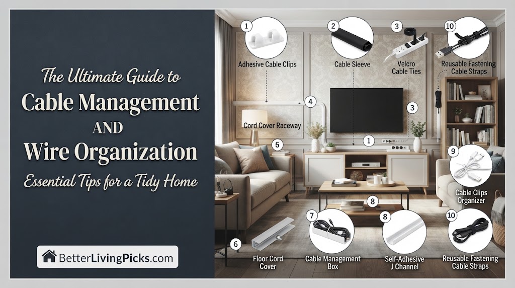 Split infographic showing a modern living room on the right with numbered cable management solutions and a text panel on the left.