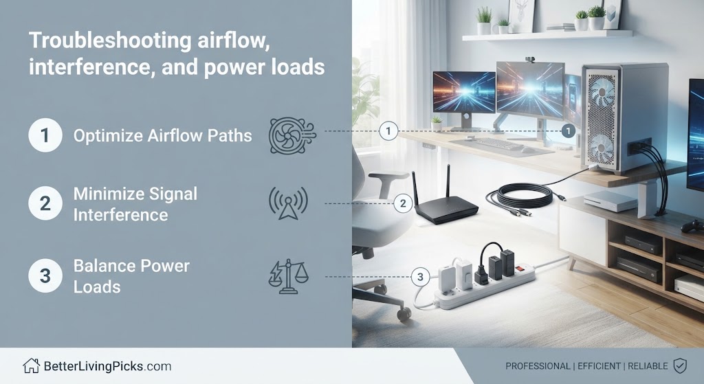Split-panel infographic showing troubleshooting steps on the left and a modern gaming desk setup on the right with numbered callouts.