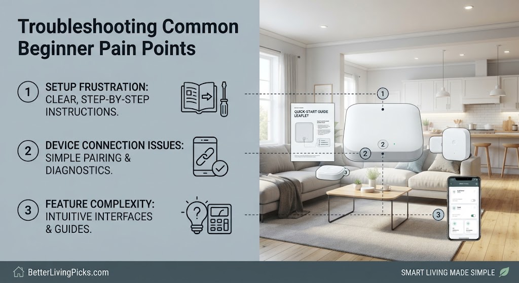 Split-screen infographic illustrating smart home troubleshooting tips against a modern living room background.