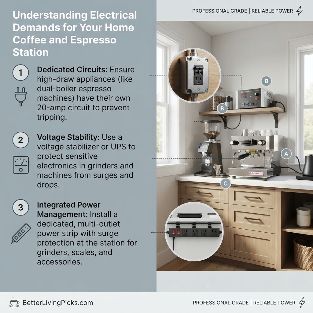 A modern kitchen coffee bar featuring an espresso machine and grinder, with annotated electrical components like a circuit breaker, voltage stabilizer, and surge protector.