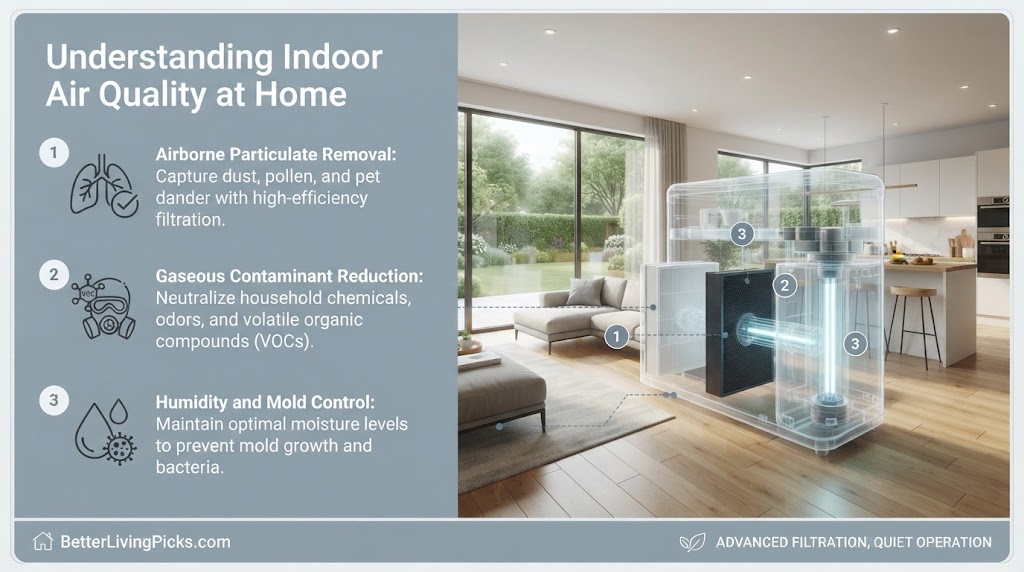 Split-screen infographic illustrating three key areas of indoor air quality with a corresponding modern living room scene.