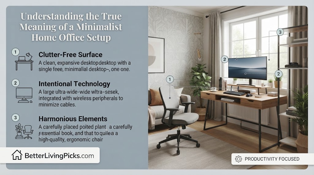 A split-panel infographic showing a minimalist home office scene with three labeled feature points.