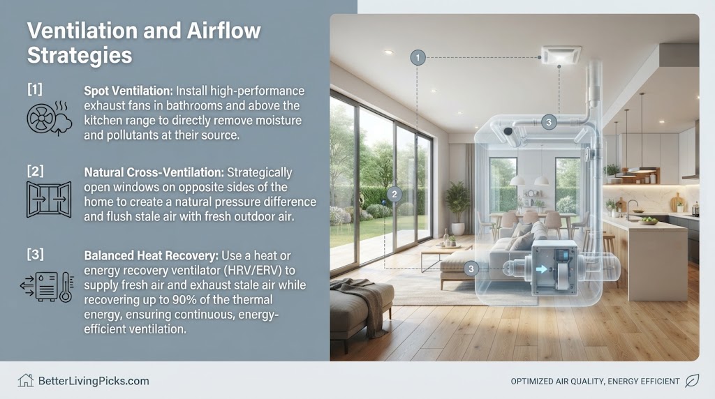 Split-screen infographic illustrating three ventilation methods: spot, natural cross, and balanced heat recovery, paired with a modern home interior showing system components.