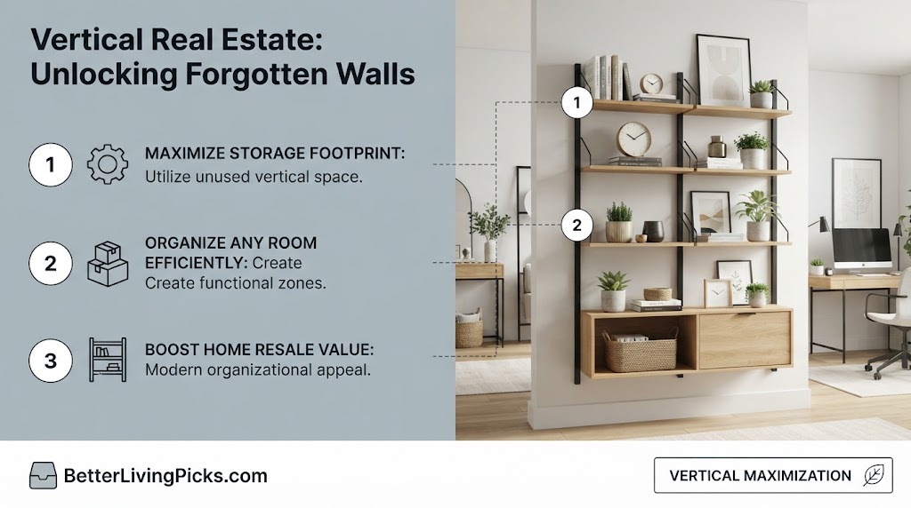 Modern living room featuring a split-screen layout with a light slate-gray information panel and three numbered vertical storage callouts.