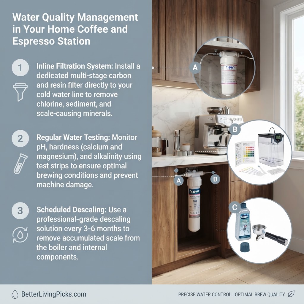 A modern kitchen counter coffee station featuring an espresso machine, with annotated water quality management equipment and informational text.