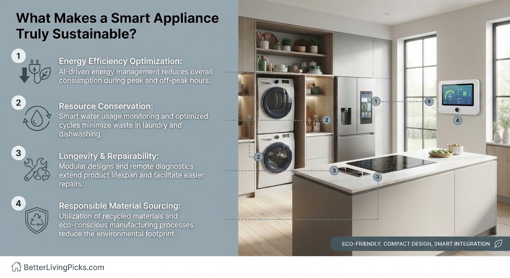Split-panel infographic comparing smart appliance benefits against a modern kitchen scene.