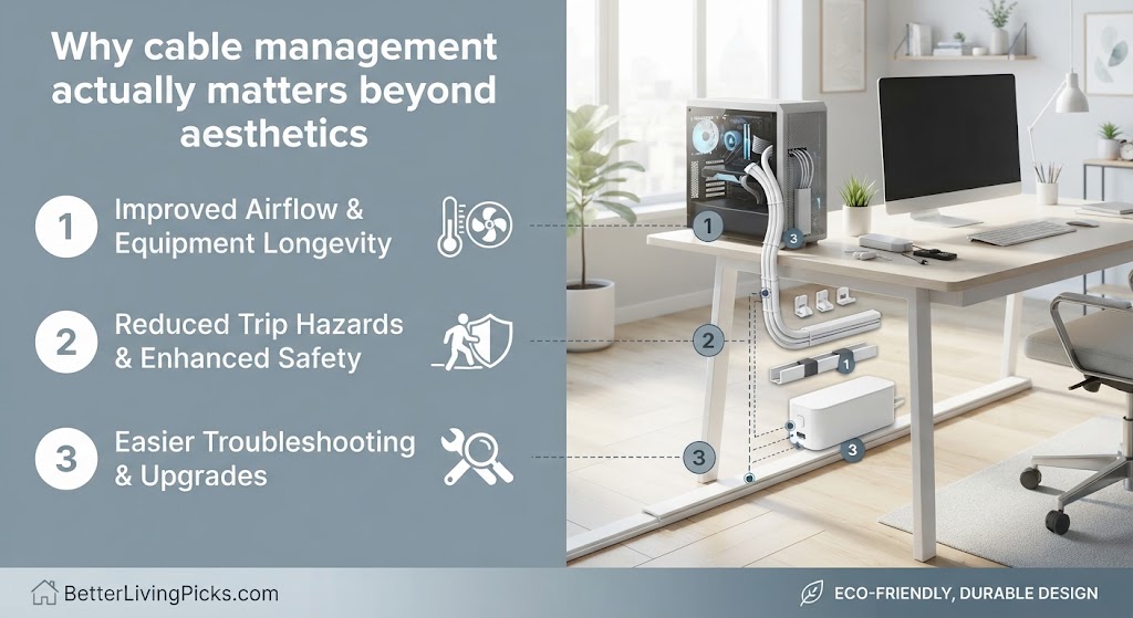 Split-panel infographic showing a modern home office desk setup with professional cable management and explanatory text.