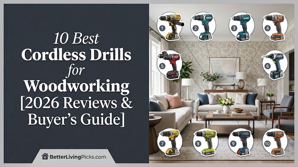 Infographic split-screen of a charcoal title panel next to a modern living room interior. On the right, ten cordless drills are displayed in circular insets with numbered callout lines pointing to various spots in the room.