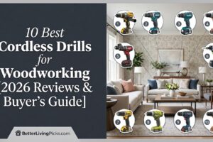 Infographic split-screen of a charcoal title panel next to a modern living room interior. On the right, ten cordless drills are displayed in circular insets with numbered callout lines pointing to various spots in the room.