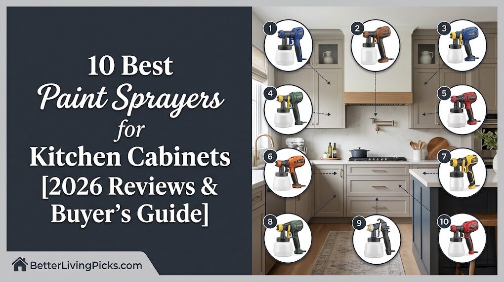 Modern kitchen featuring freshly painted gray cabinets on a split-screen banner showcasing 10 numbered paint sprayer callouts with dashed lines.