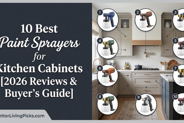Modern kitchen featuring freshly painted gray cabinets on a split-screen banner showcasing 10 numbered paint sprayer callouts with dashed lines.