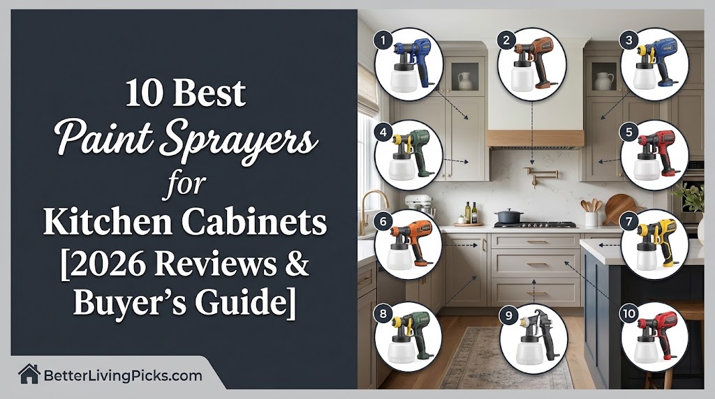 Modern kitchen featuring freshly painted gray cabinets on a split-screen banner showcasing 10 numbered paint sprayer callouts with dashed lines.