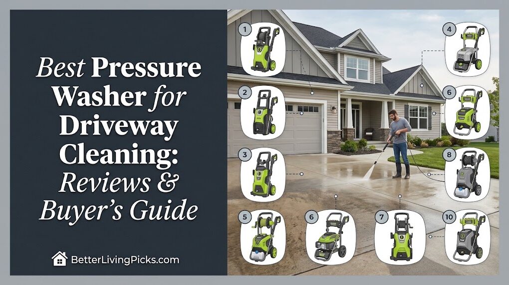 Driveway cleaning guide comparison showing 10 pressure washers and a modern house.