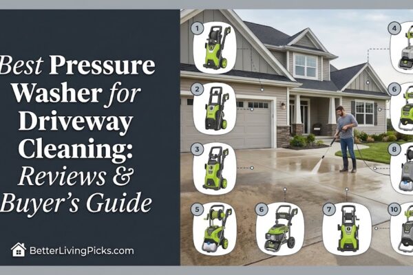 Driveway cleaning guide comparison showing 10 pressure washers and a modern house.