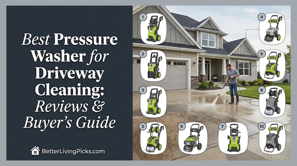 Driveway cleaning guide comparison showing 10 pressure washers and a modern house.