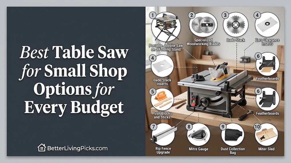 Split-screen infographic displaying the article title on a dark charcoal panel beside a well-lit garage workshop featuring a compact jobsite table saw with numbered accessory callouts.