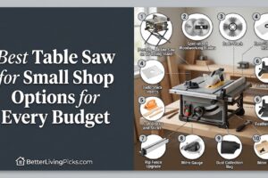 Split-screen infographic displaying the article title on a dark charcoal panel beside a well-lit garage workshop featuring a compact jobsite table saw with numbered accessory callouts.