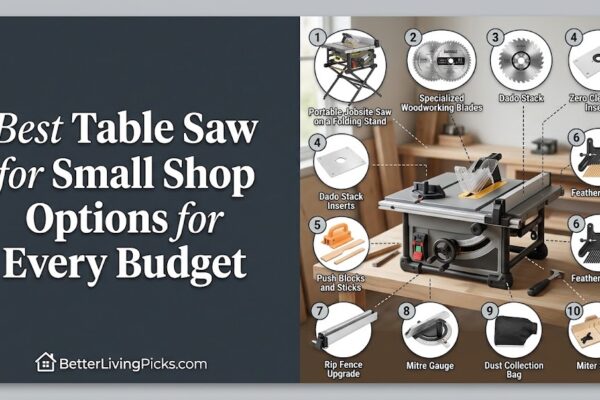 Split-screen infographic displaying the article title on a dark charcoal panel beside a well-lit garage workshop featuring a compact jobsite table saw with numbered accessory callouts.