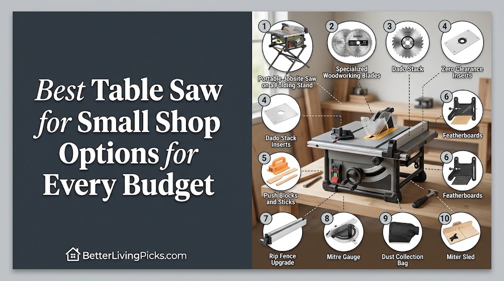 Split-screen infographic displaying the article title on a dark charcoal panel beside a well-lit garage workshop featuring a compact jobsite table saw with numbered accessory callouts.