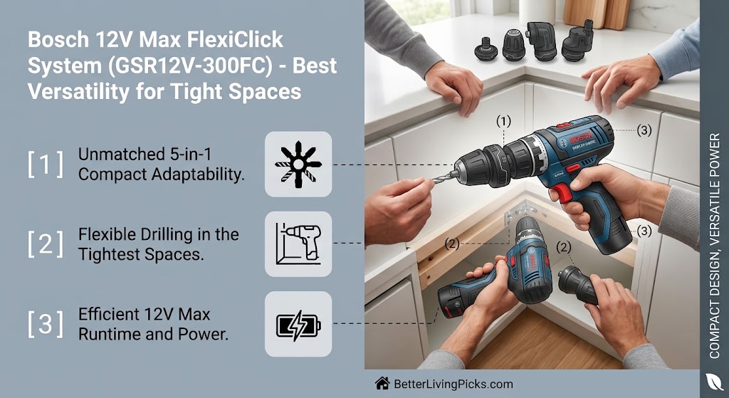 Top-down view into a kitchen corner cabinet being installed with a Bosch Flexiclick 5-in-1 drill system and numbered callout points.