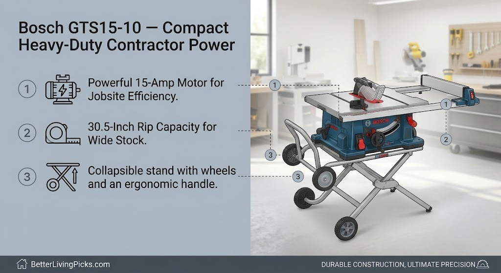 Split-screen infographic with a left panel listing three numbered specifications next to clean icons, alongside a right panel displaying a Bosch GTS15-10 table saw on a folding wheeled stand in a workshop setting.