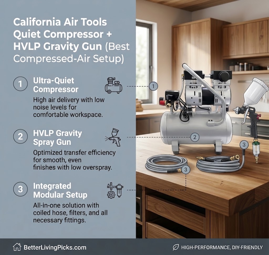 Modern kitchen workshop environment featuring a silver California Air Tools quiet compressor and HVLP gravity spray gun on a natural wooden countertop with coiled air hoses.