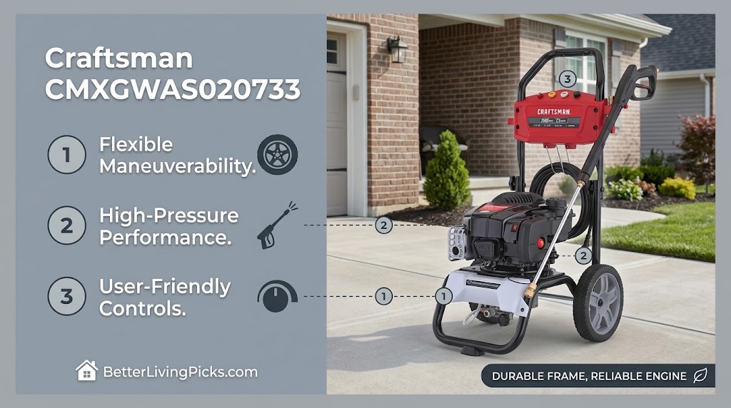 Driveway infographic highlighting the flexible maneuverability, high-pressure performance, and user-friendly controls of a Craftsman pressure washer in a suburban setting.