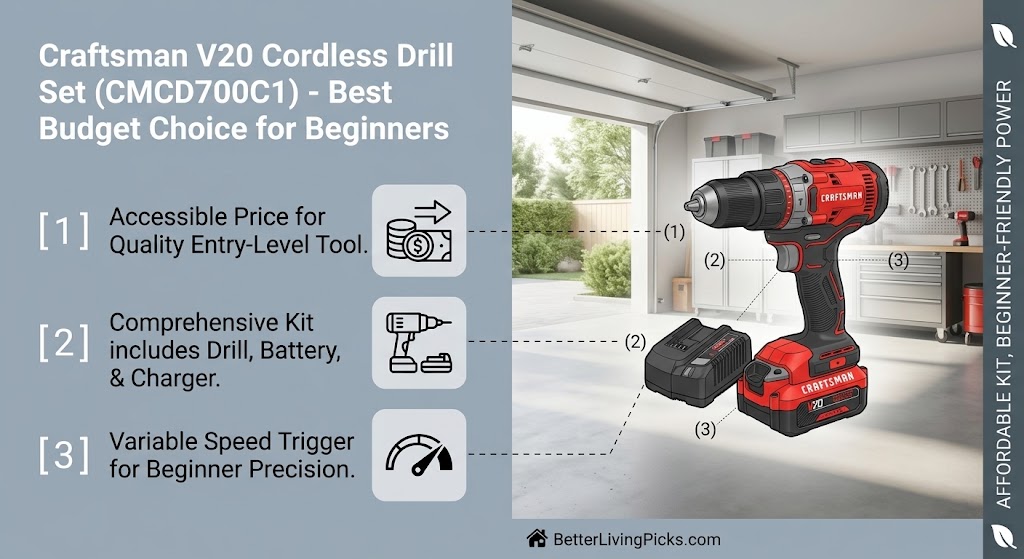 Infographic split-screen of a garage workshop on the right and a features list on the left, showcasing a red Craftsman cordless drill and battery with numbered callout points.